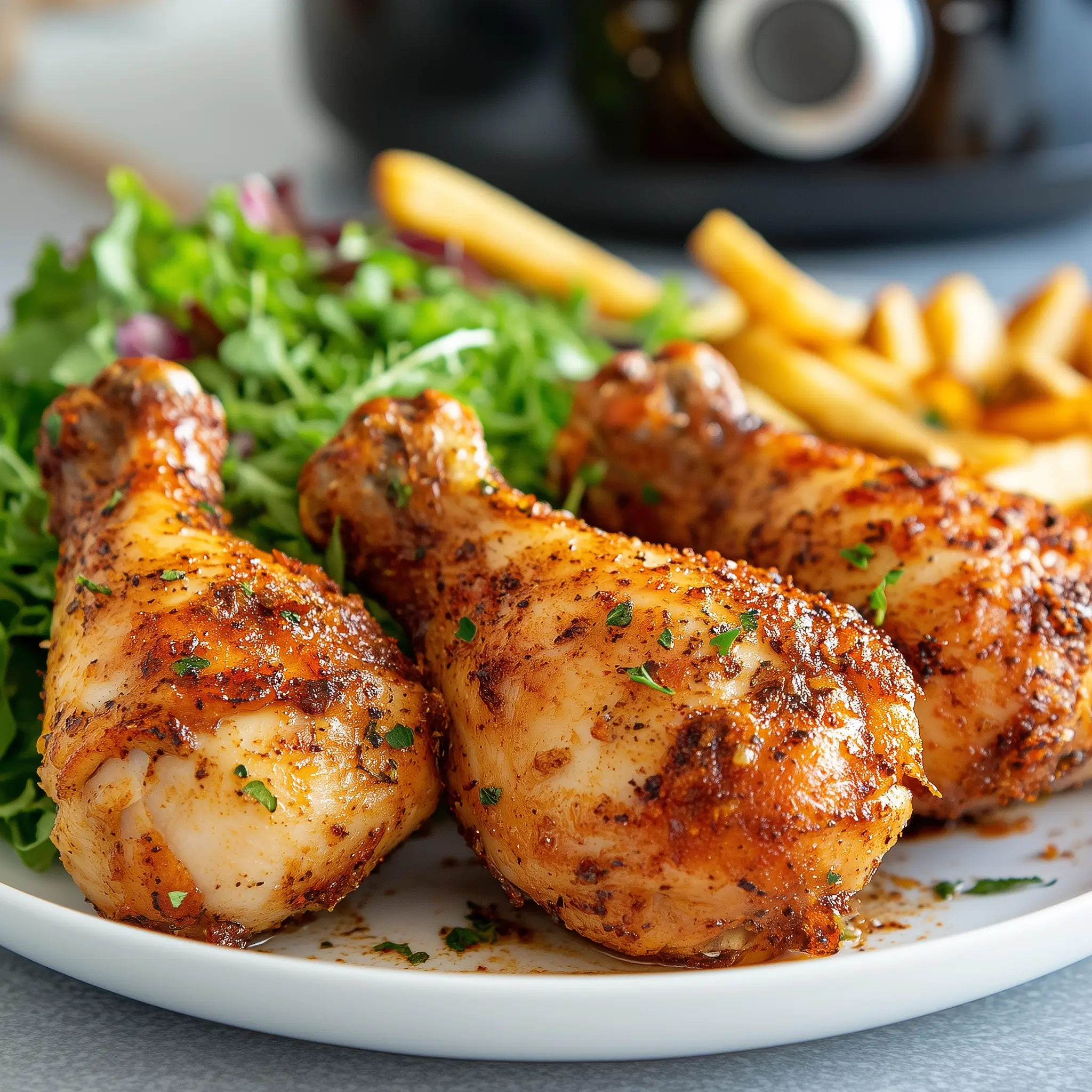 3 kippenbouten op een bord met in de achtergrond een airfryer