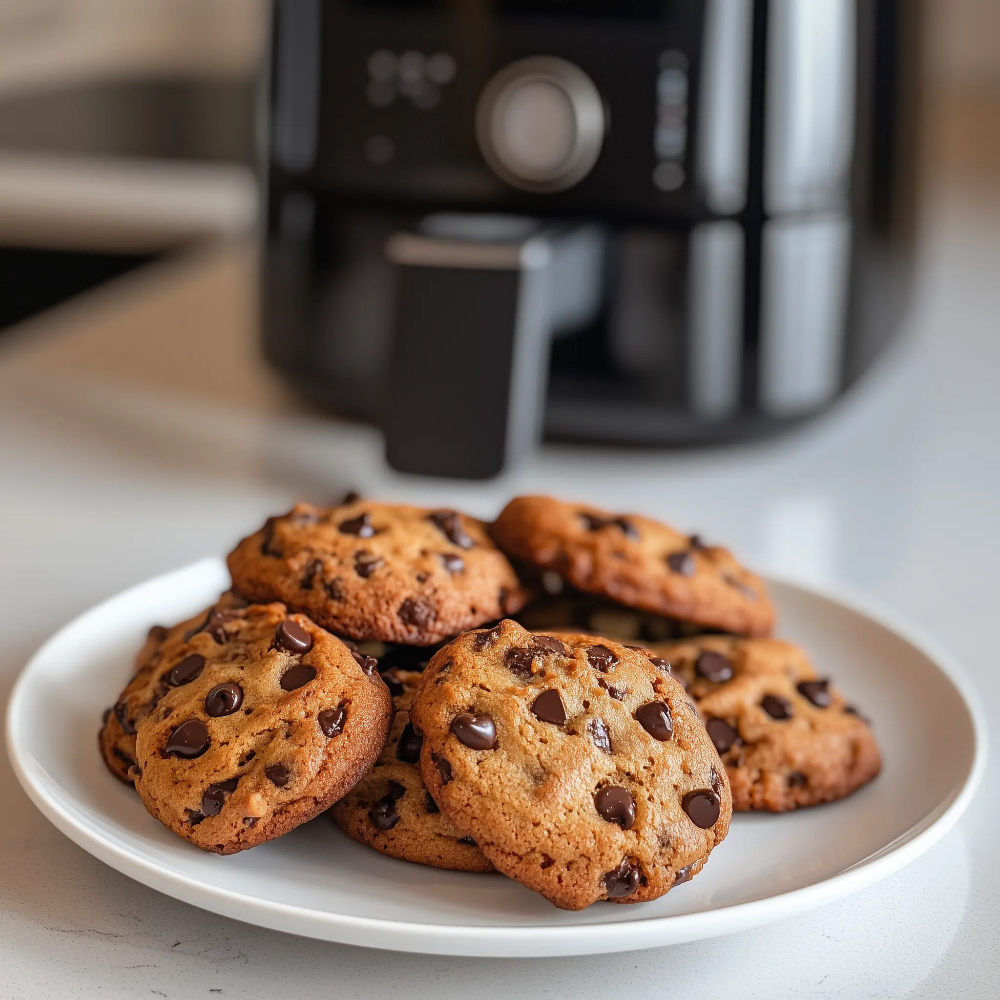 Koekjes op een bord met in de achtergrond een airfryer