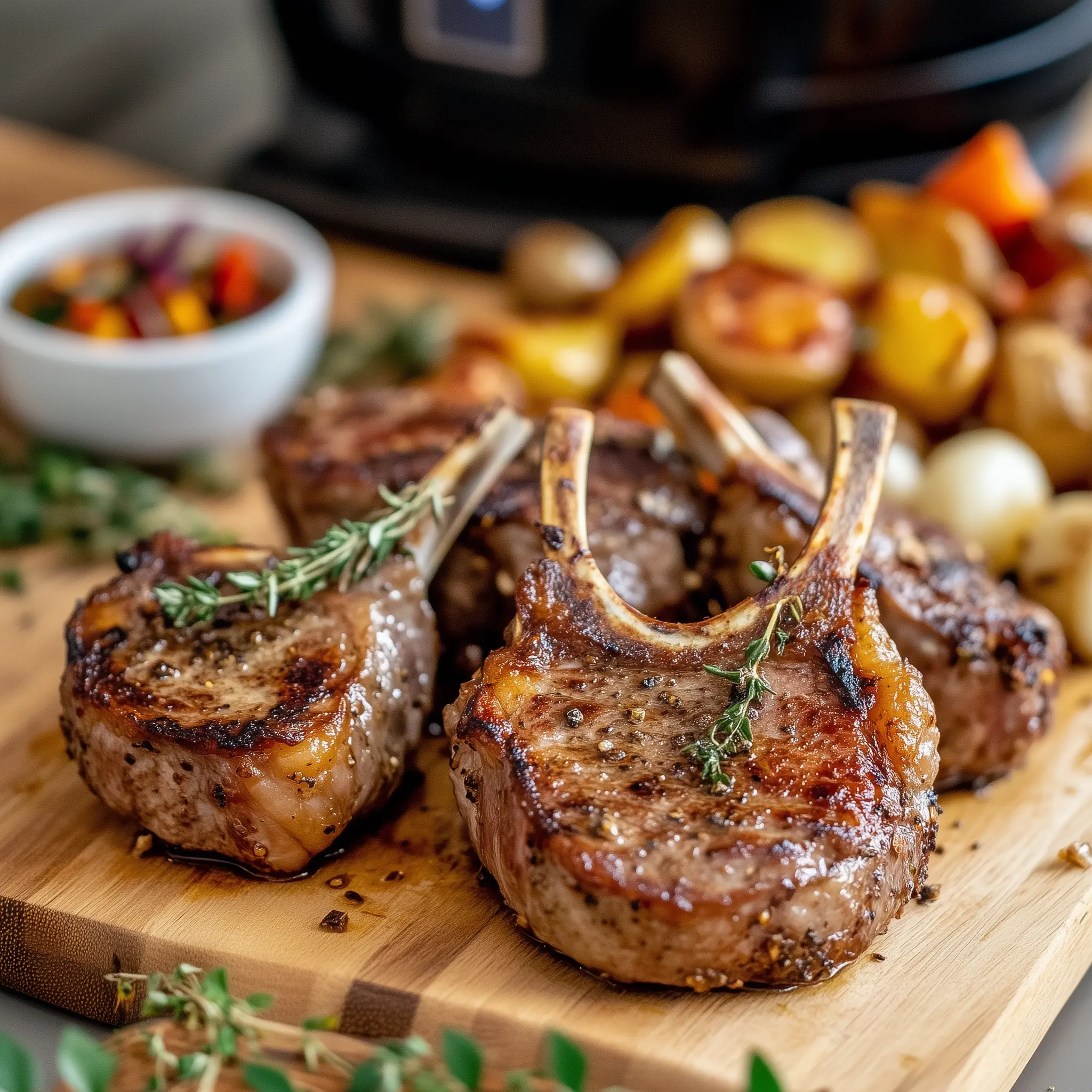 Lamskotelet met in de achtergrond een airfryer