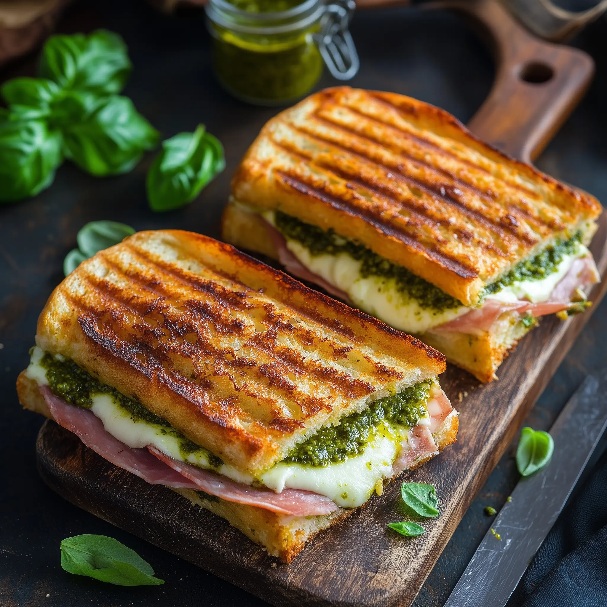 Panini parmaham en mozzarella uit de airfryer op een plank.