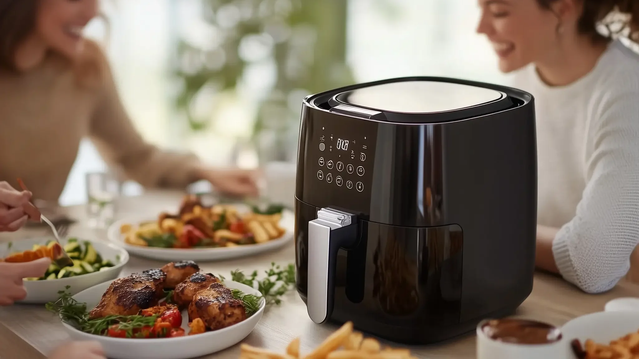 Een airfryer op tafel met rondom eten en mensen.
