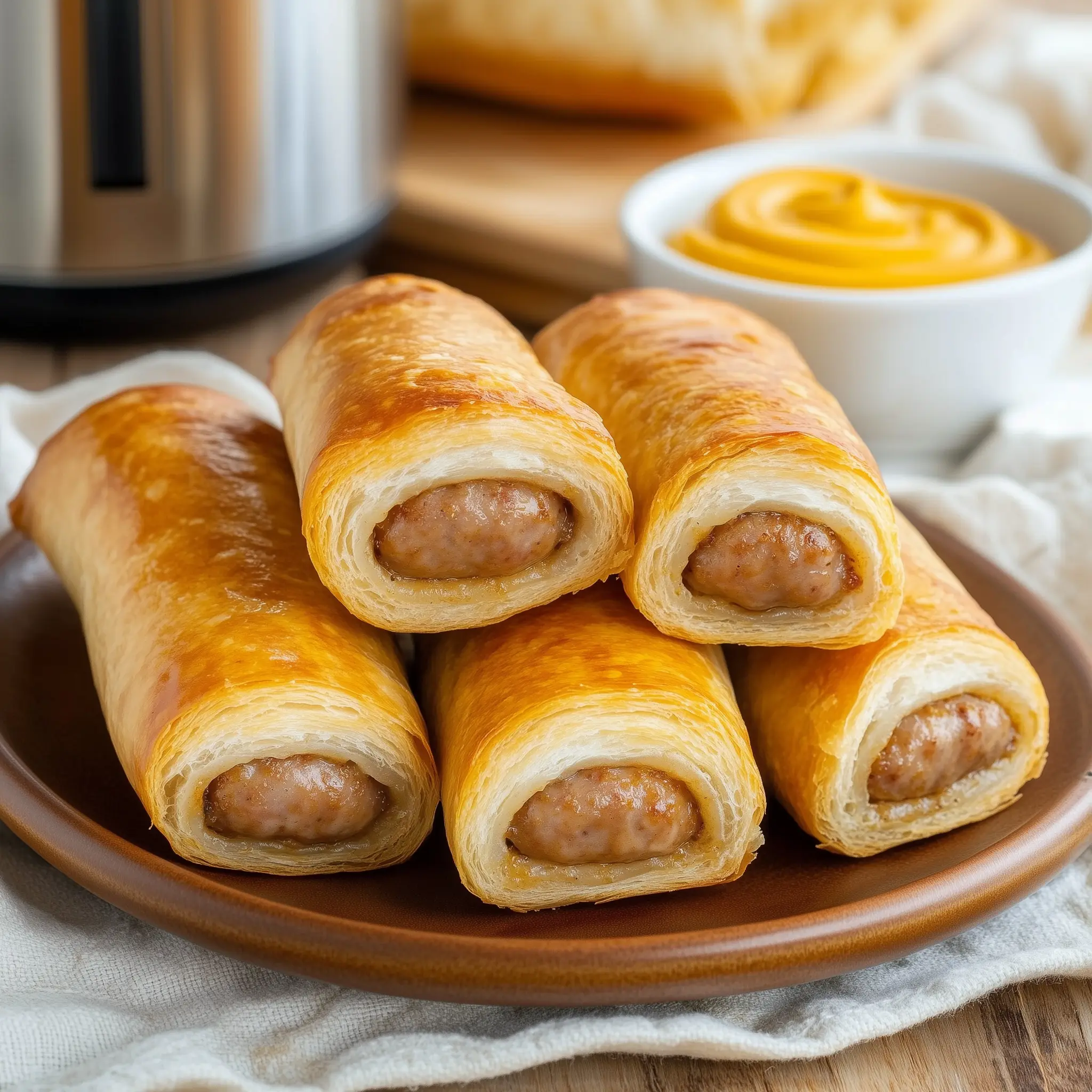 5 worstenbroodjes op een bord met in de achtergrond een airfryer