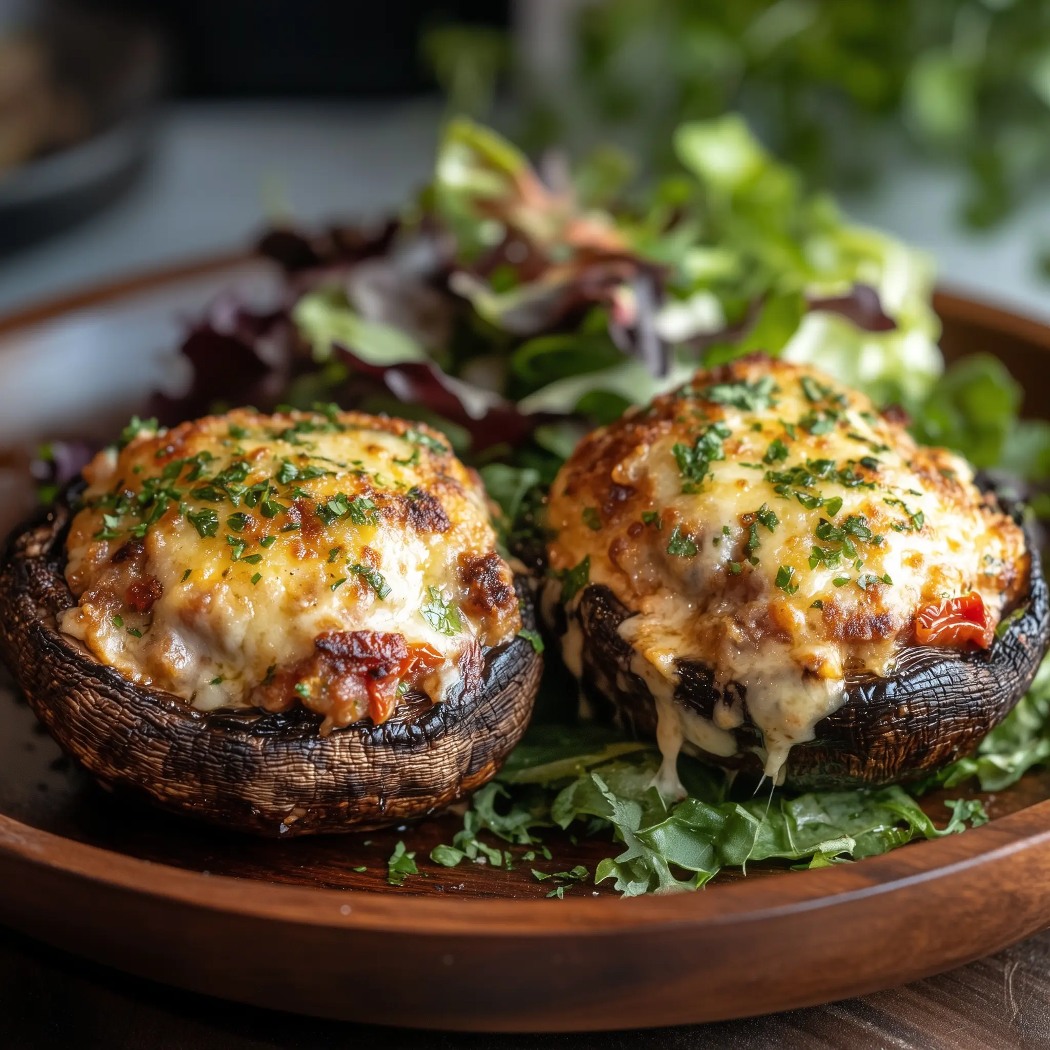 Twee gevulde portobello's op een bord, bereidt in de airfryer