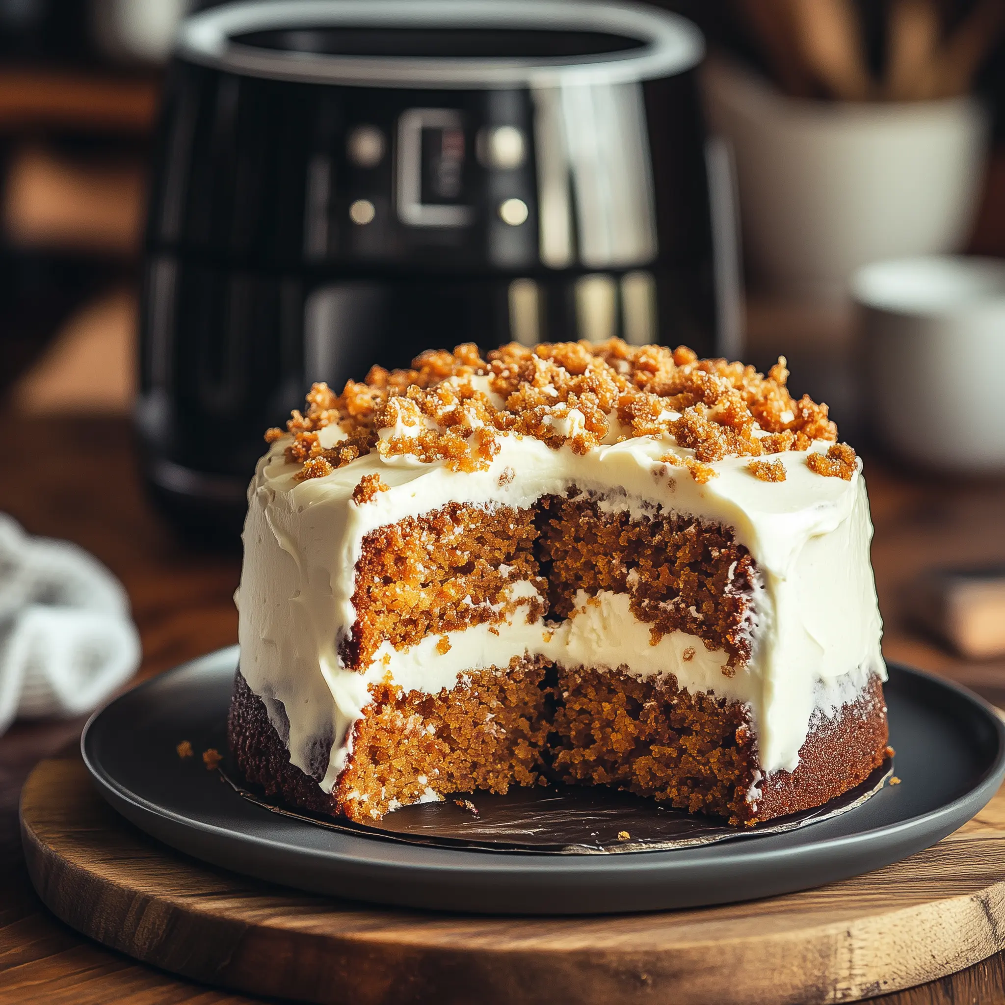 Carrot cake op een bord met in de achtergrond een airfryer