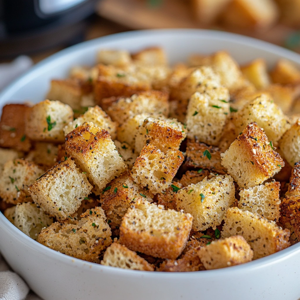 Croutons met in de achtergrond een airfryer