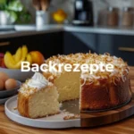 Ein runder Kokosnusskuchen mit einer ausgeschnittenen Scheibe liegt auf einem Holztisch in einer modernen Küche. In der Nähe liegen Eier, Bananen und Orangen, perfekt für frische Leckereien aus der Fritteuse. Das Wort Backrezepte ist über das Bild gelegt.