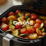 Nahaufnahme einer Heißluftfritteuse, gefüllt mit gekochten Kirschtomaten und Zucchinischeiben. Das Wort Gesund steht quer über das Bild geschrieben.