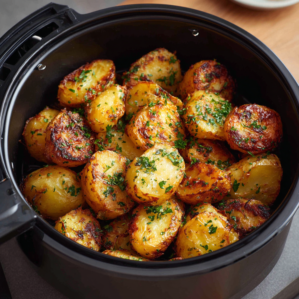 Goldene, knusprig gebratene Kartoffeln, garniert mit gehackter Petersilie, liegen in einem schwarzen Airfryer-Korb und sind bereit zum Servieren. Genießen Sie jedes Mal perfekt gekochte Kartoffeln mit diesem einfachen Airfryer-Rezept.