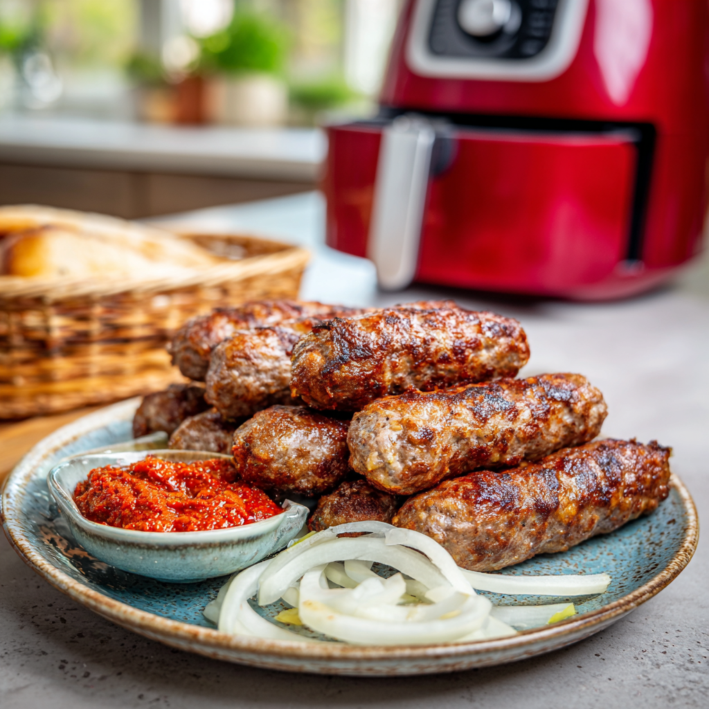 Auf einem Küchentisch steht ein Teller mit gegrillten Würstchen, einer kleinen Schüssel mit roter Soße und geschnittenen Zwiebeln. Im Hintergrund sorgen ein Korb mit Brot und ein schlichter roter Airfryer für eine einladende Atmosphäre.