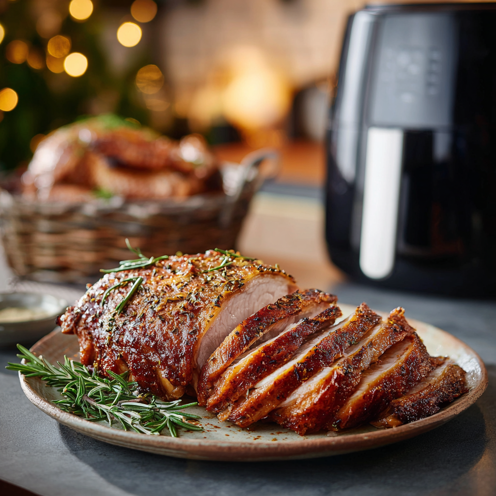 Ein Teller mit in Scheiben geschnittenem, kräuterkrustiertem und mit frischem Rosmarin garniertem Schweinebraten steht auf einem Tresen. Eine Heißluftfritteuse und ein weiteres Gericht sind im Hintergrund zu sehen und deuten auf eine gemütliche Küche hin, in der einfache Rezepte mit der Heißluftfritteuse zum Leben erweckt werden.