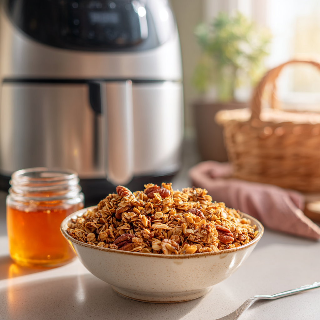Eine Schüssel Müsli mit Pekannüssen steht auf einem Küchentisch neben einem Glas Honig und einem Löffel, im Hintergrund eine Heißluftfritteuse und ein Weidenkorb. Sonnenlicht strömt durch das Fenster und verleiht dieser gemütlichen Küchenszene Wärme.