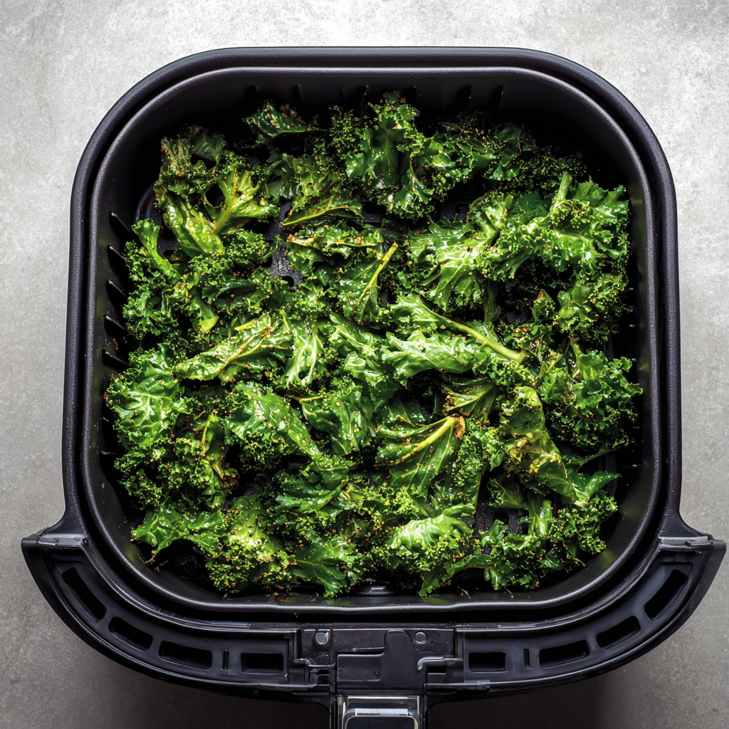 Frisch gekochte Grünkohlchips werden im Korb einer Heißluftfritteuse auf einer grauen Arbeitsplatte ausgebreitet. Der Grünkohl erscheint knusprig und leicht gewürzt.