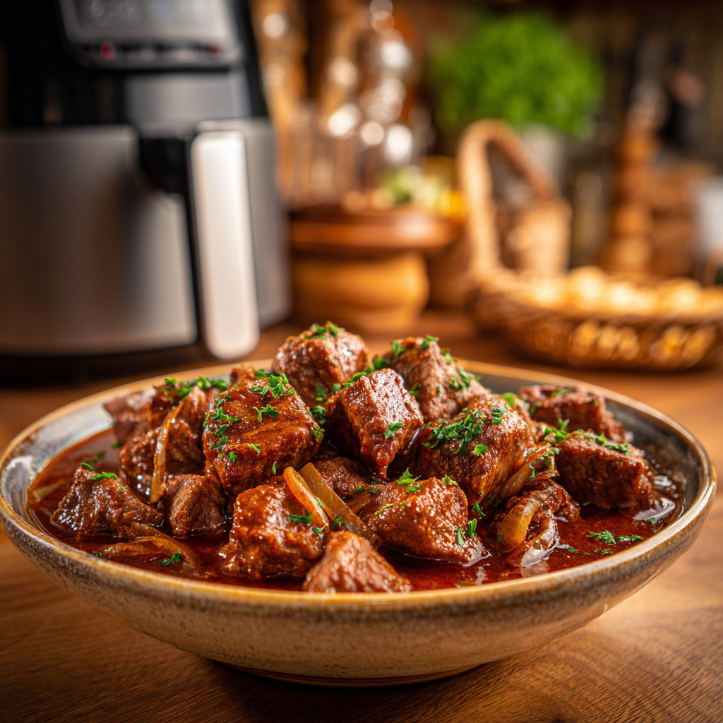 Auf einem Holztisch steht eine Schüssel mit Rindereintopf, garniert mit Petersilie, in der zarte Fleischstücke in einer reichhaltigen Soße serviert werden. Eine Fritteuse und andere Küchenutensilien sind sanft im Hintergrund zu sehen.