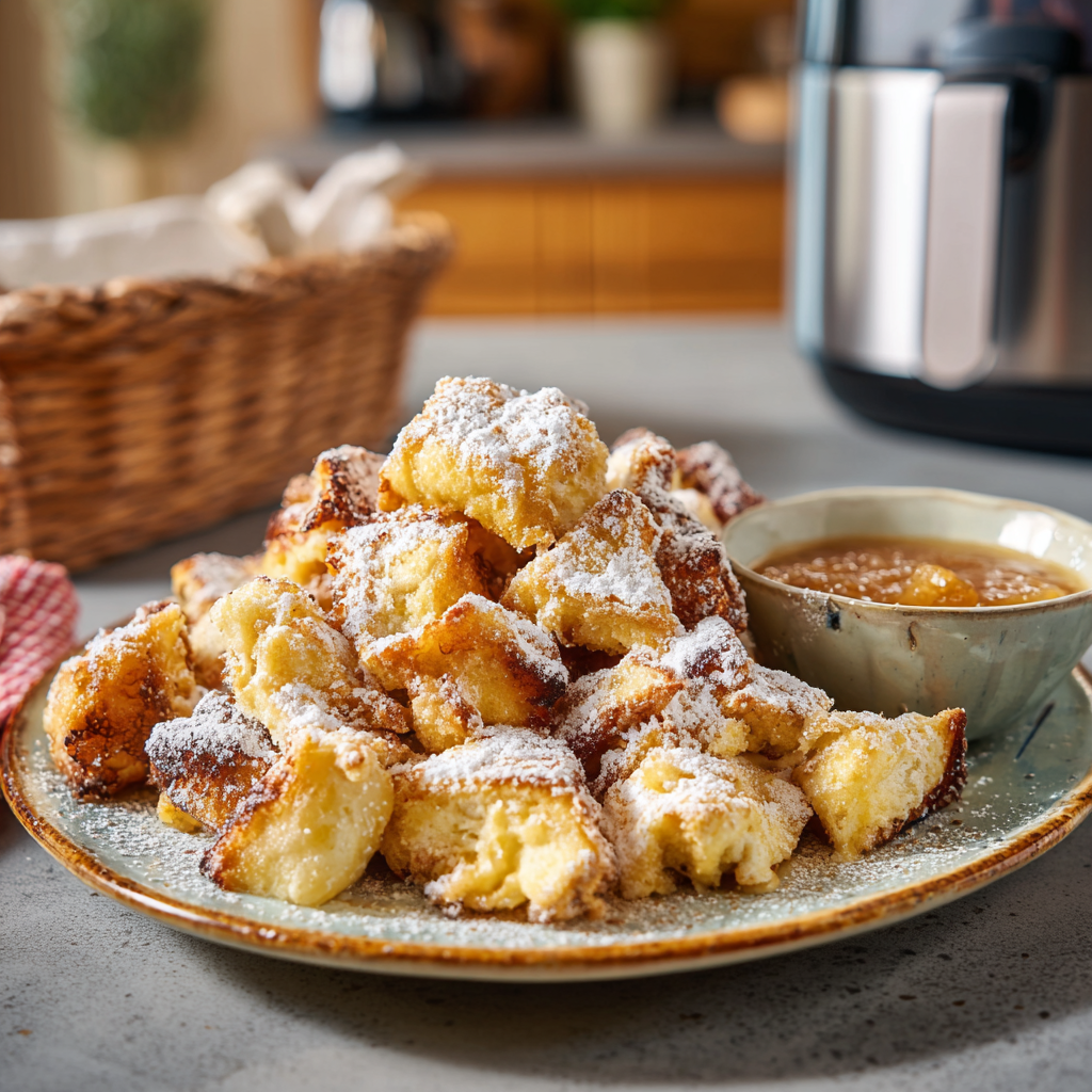 Ein Teller mit goldenen, mit Puderzucker bestäubten Kaiserschmarrn-Stücken wird mit Apfelmus serviert und steht auf einer Küchenarbeitsplatte neben einem Weidenkorb und einer Heißluftfritteuse im Hintergrund.