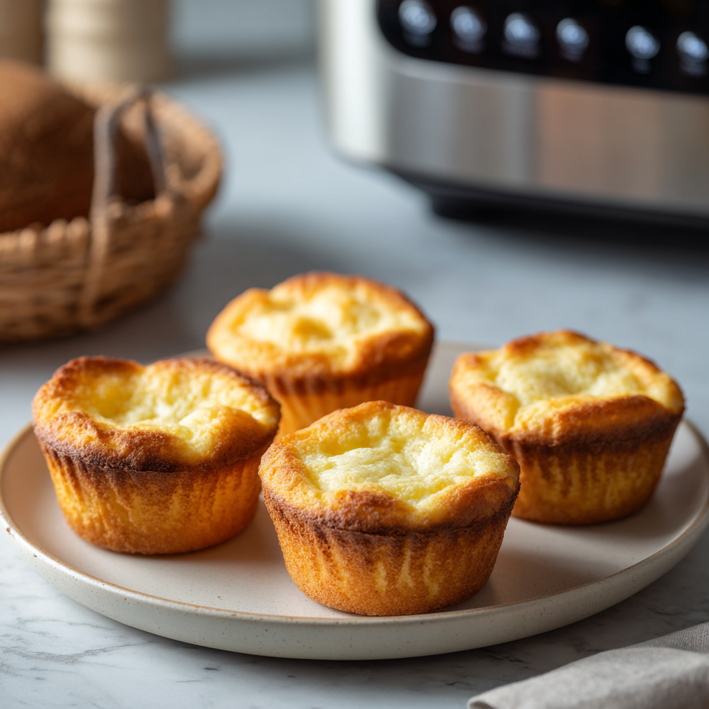 Vier goldene, fluffige Käsemuffins liegen auf einem runden beigen Teller, frisch aus der Heißluftfritteuse. Ein Weidenkorb und eine Küchenmaschine stehen unscharf im Hintergrund auf einer Marmorarbeitsplatte.