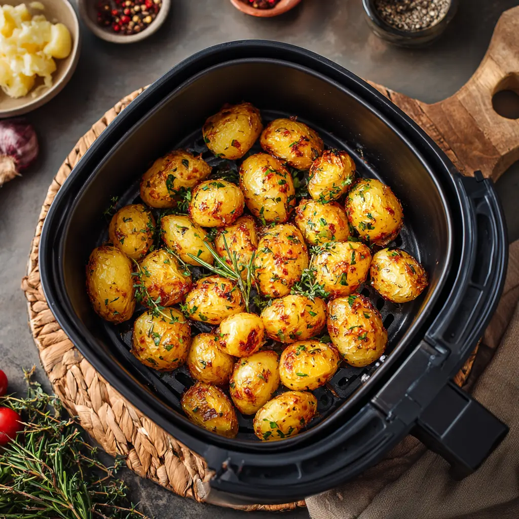 Golden geröstete Babykartoffeln mit Kräutern sitzen in einem Airfryer-Korb. Um die Fritteuse herum stehen kleine Schälchen mit Gewürzen, gehacktem Knoblauch und frischen Kräutern auf einer rustikalen Tischplatte.
