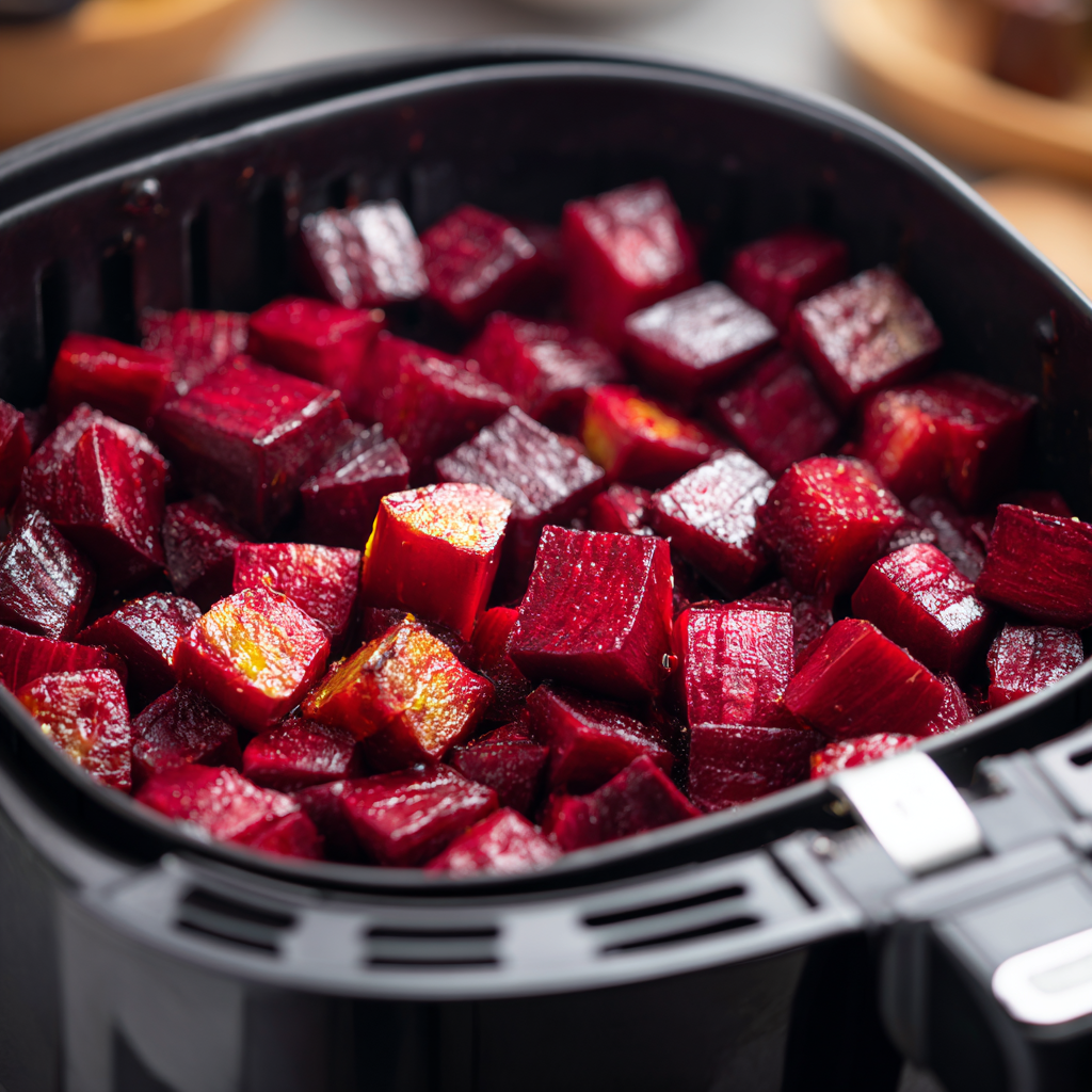 Die gewürfelten, gerösteten Rüben liegen küchenfertig oder frisch gegart in einem Airfryer-Korb und zeigen eine leuchtend rote Farbe und leicht karamellisierte Ränder.