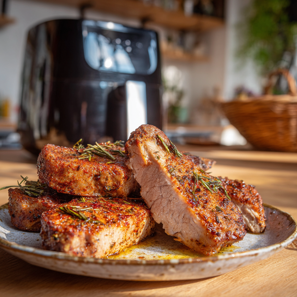 Ein Teller mit saftigen, gewürzten und mit Rosmarin garnierten Schweinekoteletts steht auf einem Holztisch, und im Hintergrund ist eine Heißluftfritteuse zu sehen, die diese helle Küche unterstreicht.