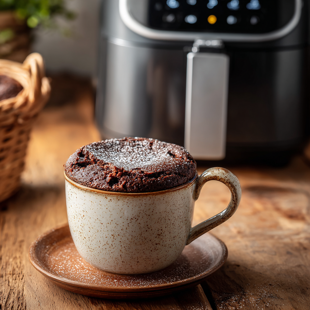 Ein Schokoladenkuchen steht auf einer gesprenkelten Keramikuntertasse, die mit Puderzucker bestäubt ist. Im Hintergrund steht eine Heißluftfritteuse auf einer hölzernen Unterlage, und seitlich ist teilweise ein Korb zu sehen.