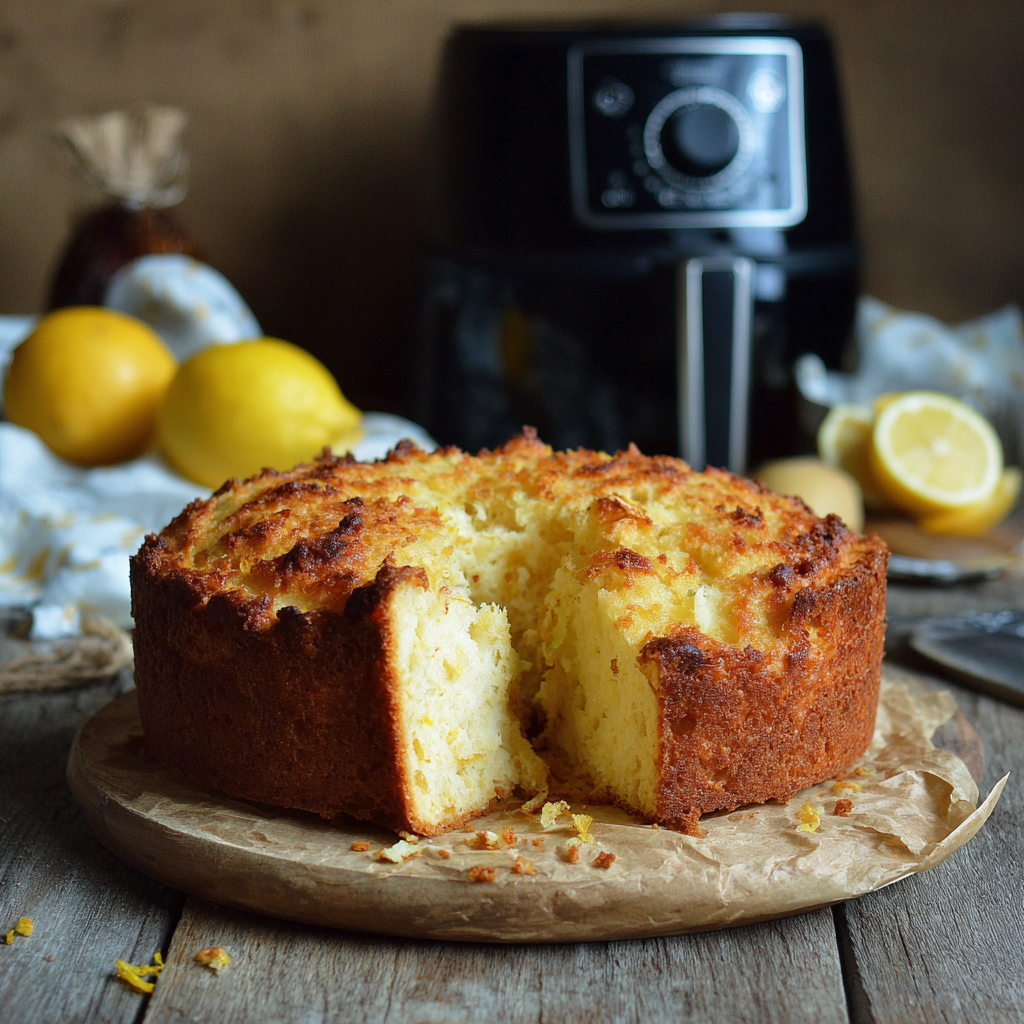 Ein goldbrauner, runder Zitronenkuchen mit einer ausgeschnittenen Scheibe liegt auf Pergamentpapier auf einer Holzfläche. Frische Zitronen und eine Heißluftfritteuse sind im verschwommenen Hintergrund zu sehen und weisen auf diese einfache, moderne Variante des klassischen Backens hin.